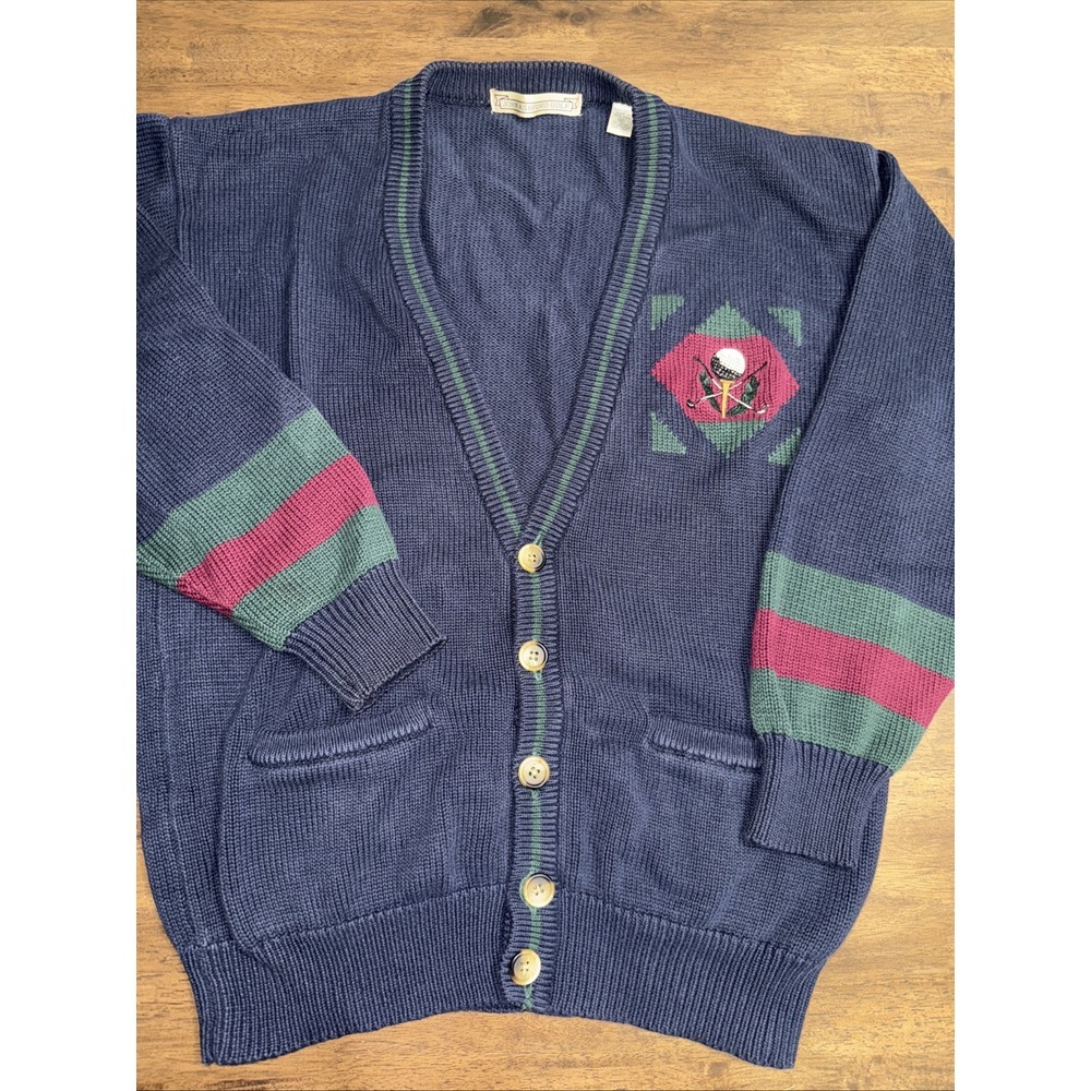 Vtg John Ashford Golf Men's Button Cardigan Grandpa Sweater Blue‎ Medium